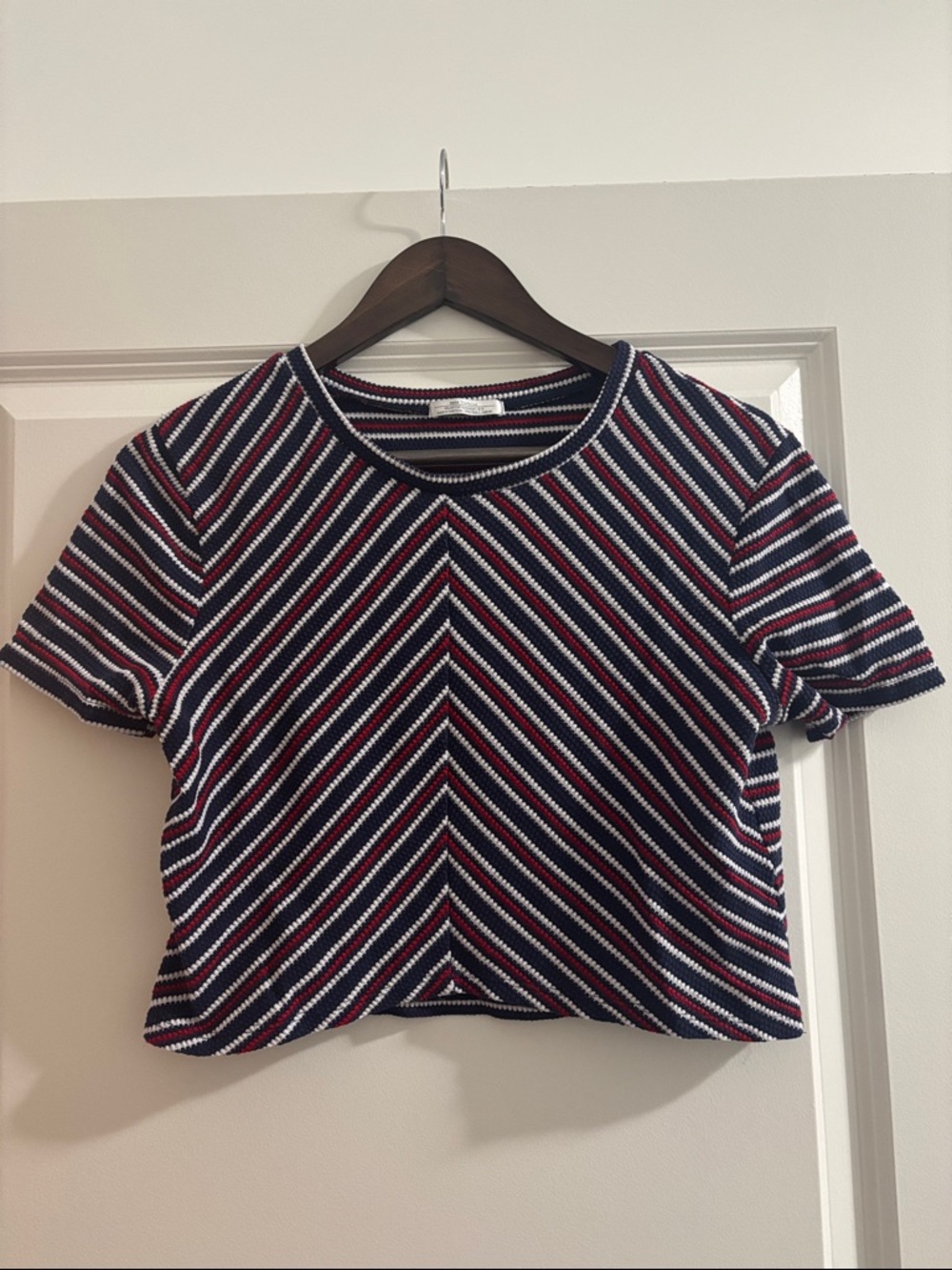 Zara Navy, White & Red Striped Cropped Knit Top